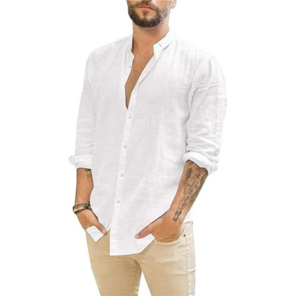 Mens Casual Long Sleeve Cotton Linen Shirts Buttons Down Solid Plain Roll-Up